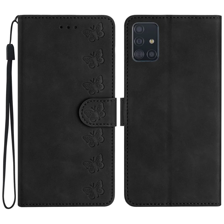For Samsung Galaxy A51 4G SM-A515 PU Leather Wallet Case Butterfly Imprinted Phone Stand Cover - Black
