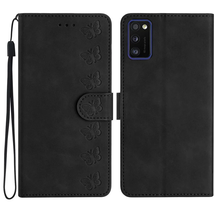 Leather Case for Samsung Galaxy A41 (Global Version) Butterfly Imprinted Phone Cover with Stand Wallet - Black