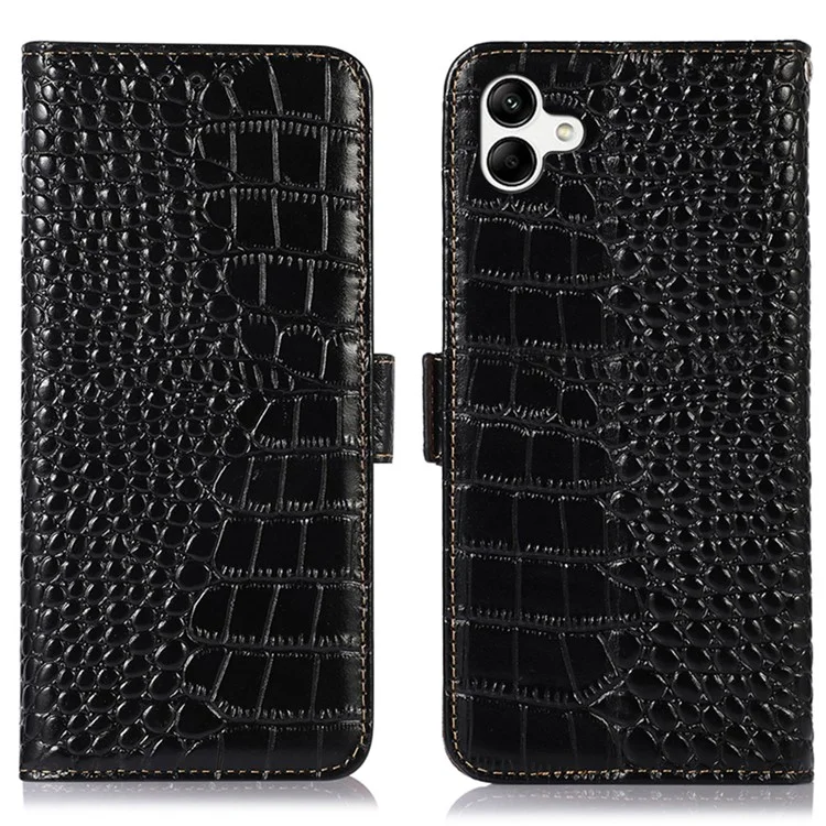 Para o Samsung Galaxy F14 5G RFID Blocking Phone Case Genuine Cowhide Leather Wallet Stand Cover - Black