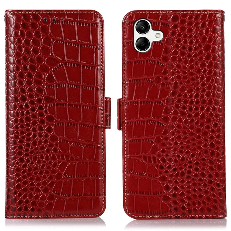 For Samsung Galaxy F14 5G RFID Blocking Phone Case Genuine Cowhide Leather Wallet Stand Cover - Red