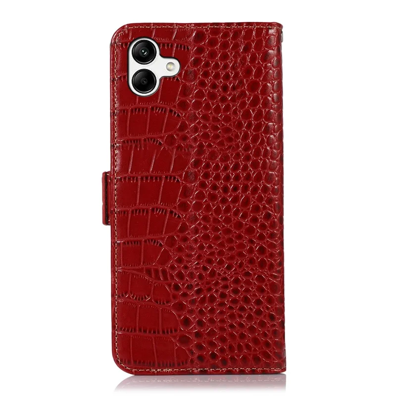 For Samsung Galaxy F14 5G RFID Blocking Phone Case Genuine Cowhide Leather Wallet Stand Cover - Red