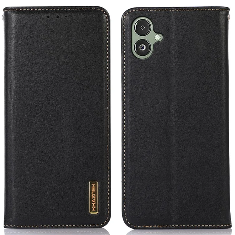 KHAZNEH Para Samsung Galaxy F14 5G Stand Carteira Capa de Telefone RFID Blocking Genuine Couro de Vaca - Preto