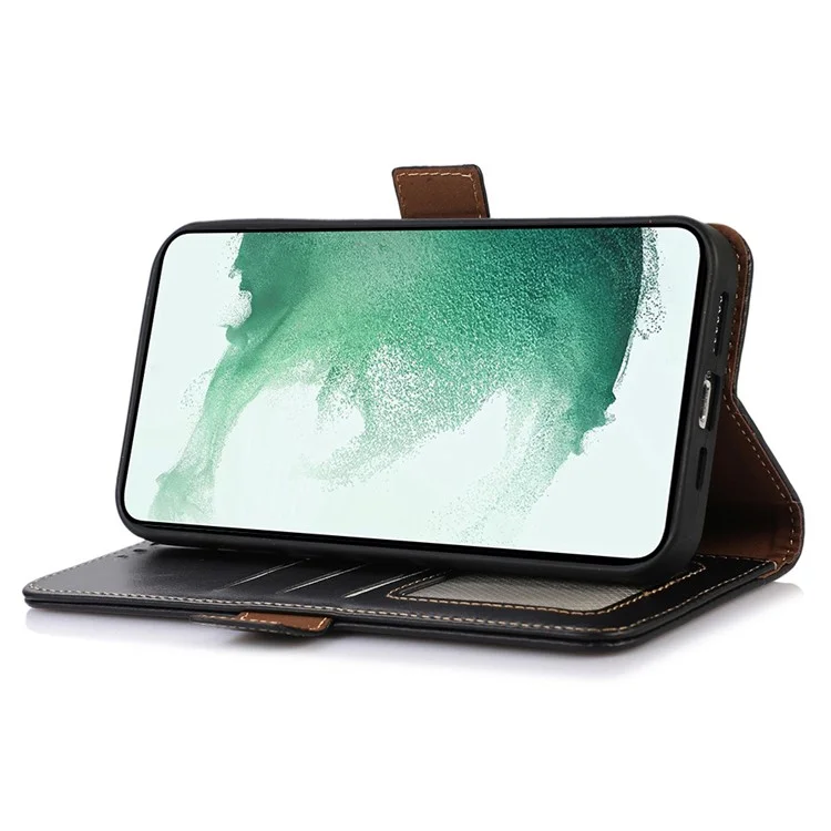 For Samsung Galaxy F14 5G RFID Blocking Phone Cover Genuine Cowhide Leather Case with Stand Wallet - Black
