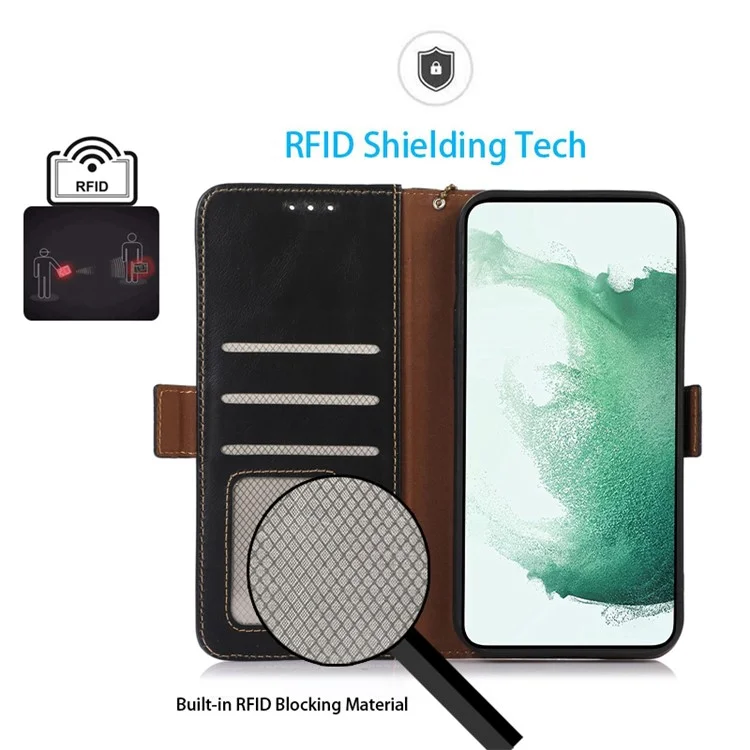 For Samsung Galaxy F14 5G RFID Blocking Phone Cover Genuine Cowhide Leather Case with Stand Wallet - Black