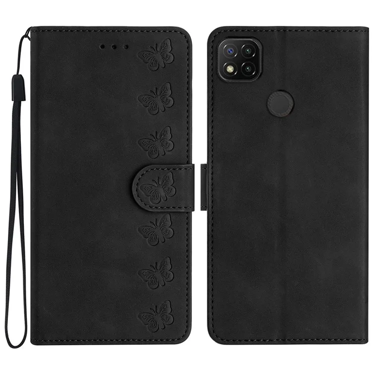 Pour Xiaomi Redmi 10A Étui de téléphone à rabat en cuir avec papillon imprimé - Noir