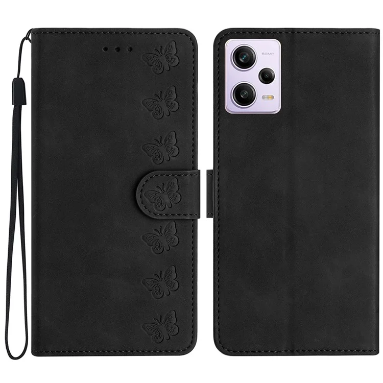 For Xiaomi Redmi Note 12 Pro 5G / Redmi Note 12 Pro Speed 5G / Poco X5 Pro 5G Phone Case Leather Wallet Stand Cover with Imprinted Butterfly Pattern - Black