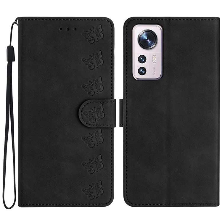 Capa de Telefone para Xiaomi 12 Lite 5G Impressa Borboleta Capa de Telefone de Couro Carteira Flip Stand Phone Shell - Preto