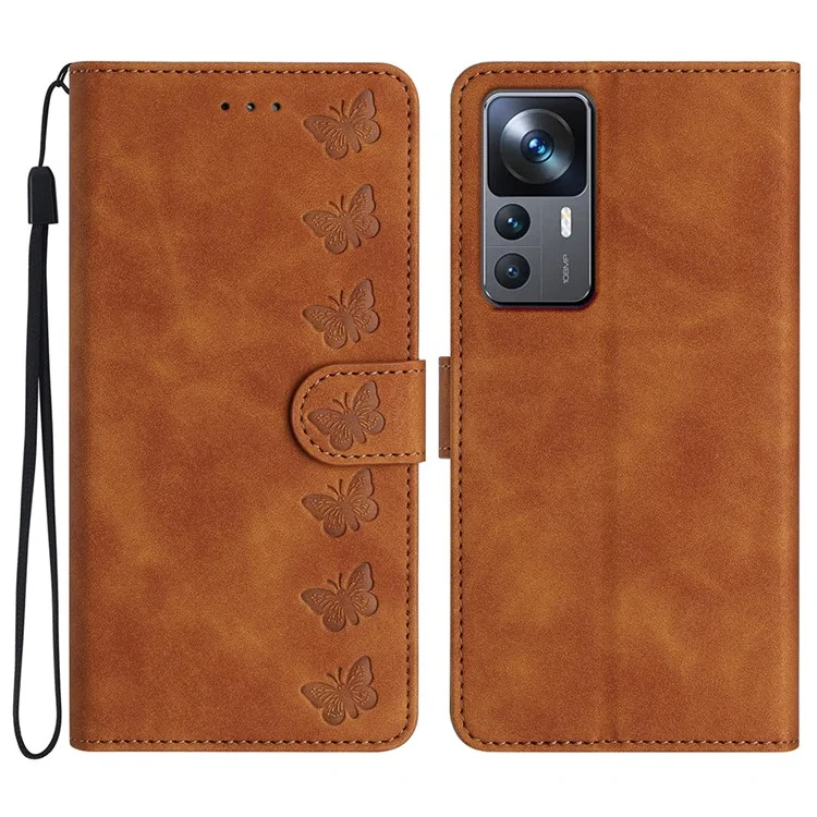 For Xiaomi 12T Pro 5G / 12T 5G / Redmi K50 Ultra Phone Cover PU Leather Imprinted Butterfly Wallet Stand Phone Case - Brown