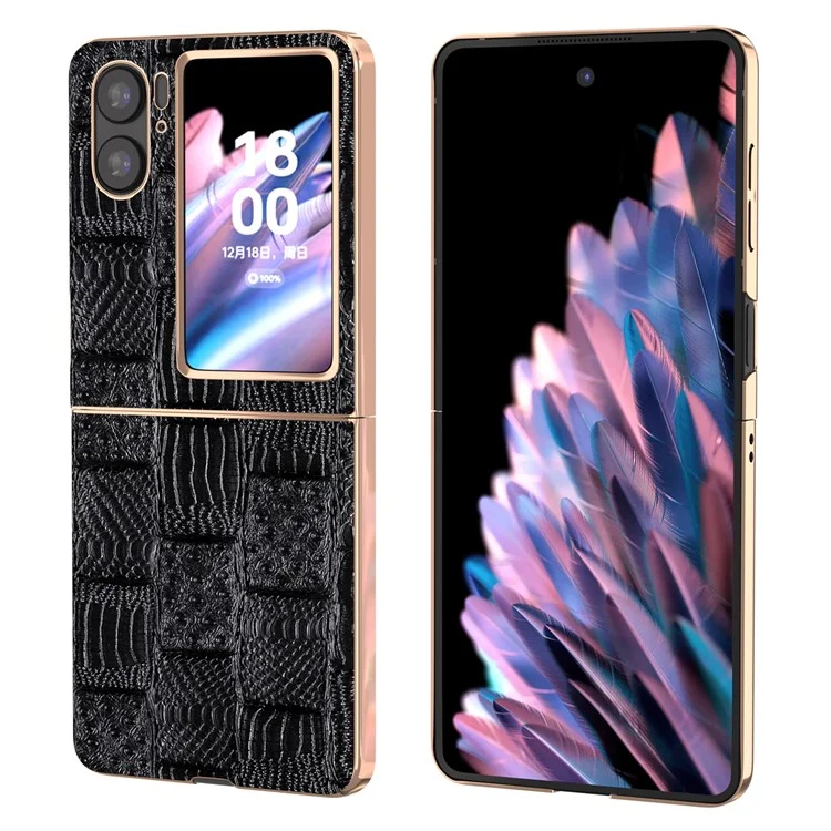 Para Oppo Find N2 Flip 5G Genuine Cow Leather+PC Phone Case Nano Electroplating Mahjong Texture Back Cover - Black