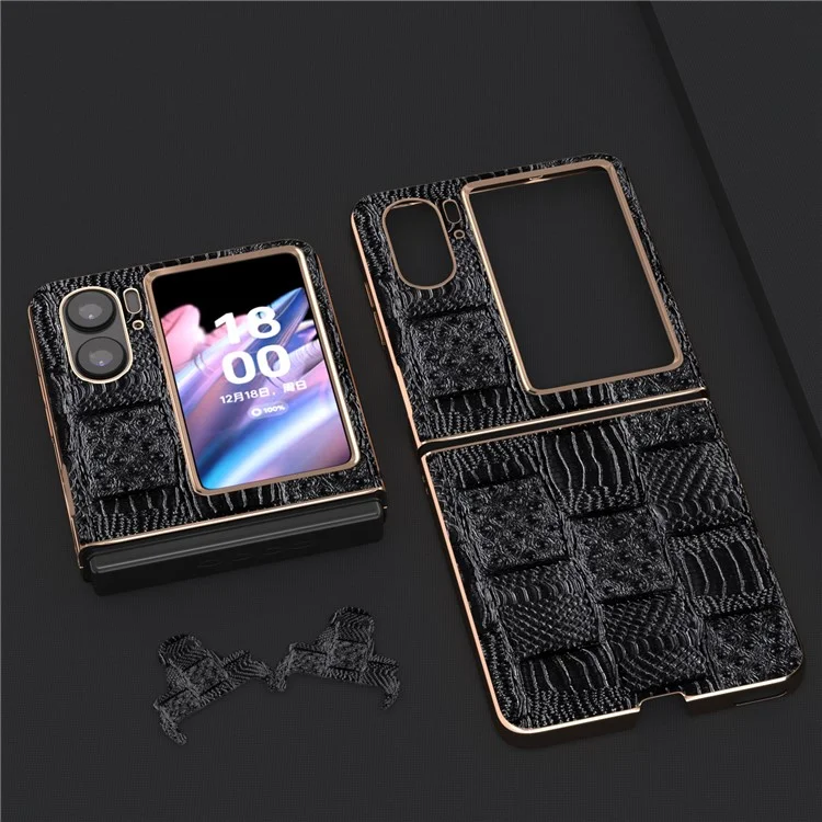 Para Oppo Find N2 Flip 5G Genuine Cow Leather+PC Phone Case Nano Electroplating Mahjong Texture Back Cover - Black