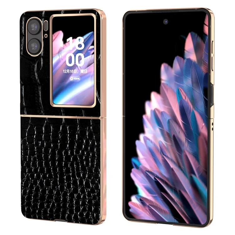 Для Oppo Find N2 Flip 5G Genuine Cow Leather+PC Shockproof Cover Crocodile Texture Nano Electroplating Phone Case - Black