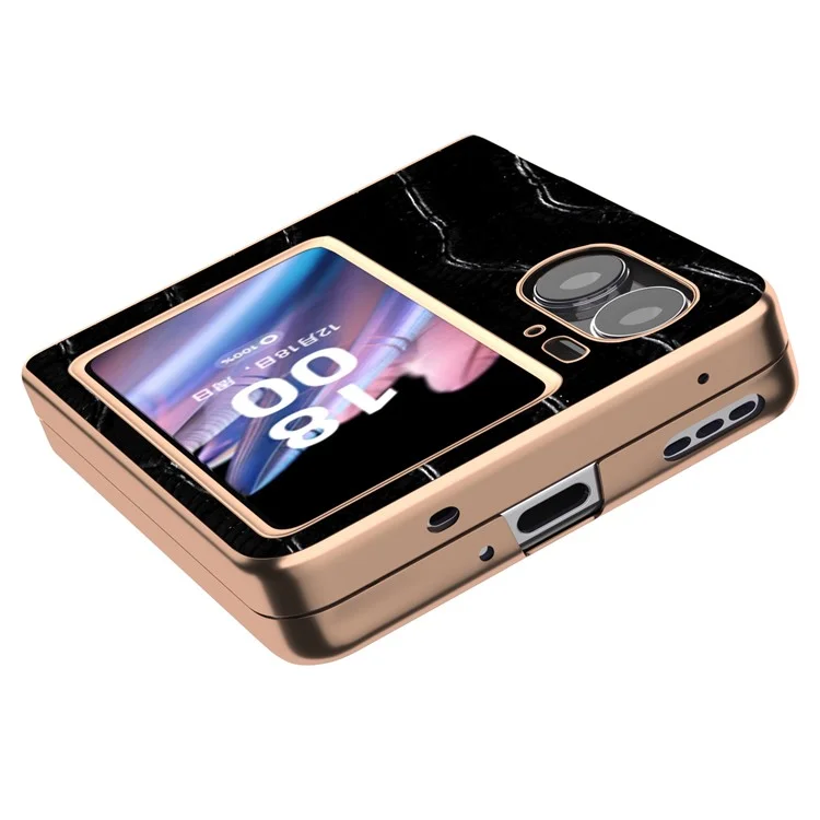 Для Oppo Find N2 Flip 5G Genuine Cow Leather+PC Shockproof Cover Crocodile Texture Nano Electroplating Phone Case - Black