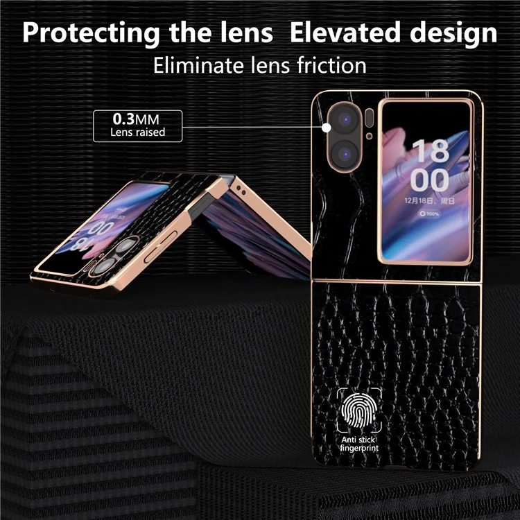 Для Oppo Find N2 Flip 5G Genuine Cow Leather+PC Shockproof Cover Crocodile Texture Nano Electroplating Phone Case - Black