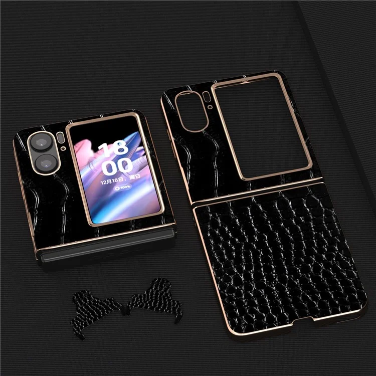Для Oppo Find N2 Flip 5G Genuine Cow Leather+PC Shockproof Cover Crocodile Texture Nano Electroplating Phone Case - Black