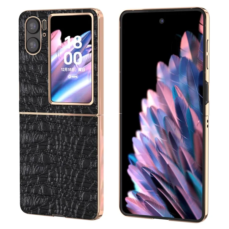 Para Oppo Find N2 Flip 5G Genuine Cow Leather+PC Shell Nano Electroplating Shockproof Phone Case - Negro