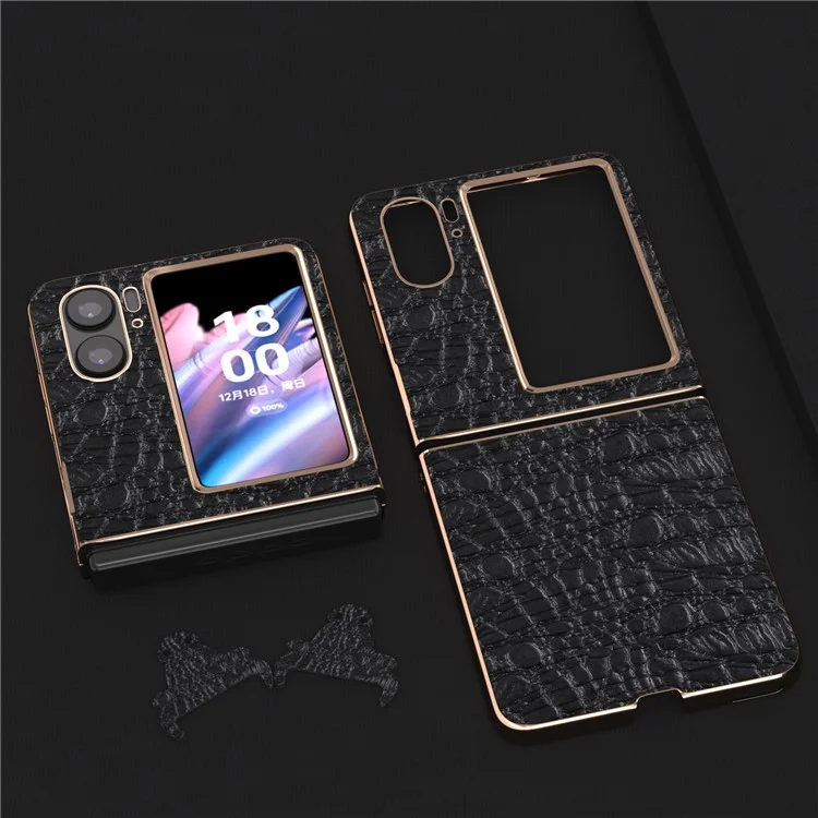 Para Oppo Find N2 Flip 5G Genuine Cow Leather+PC Shell Nano Electroplating Shockproof Phone Case - Negro