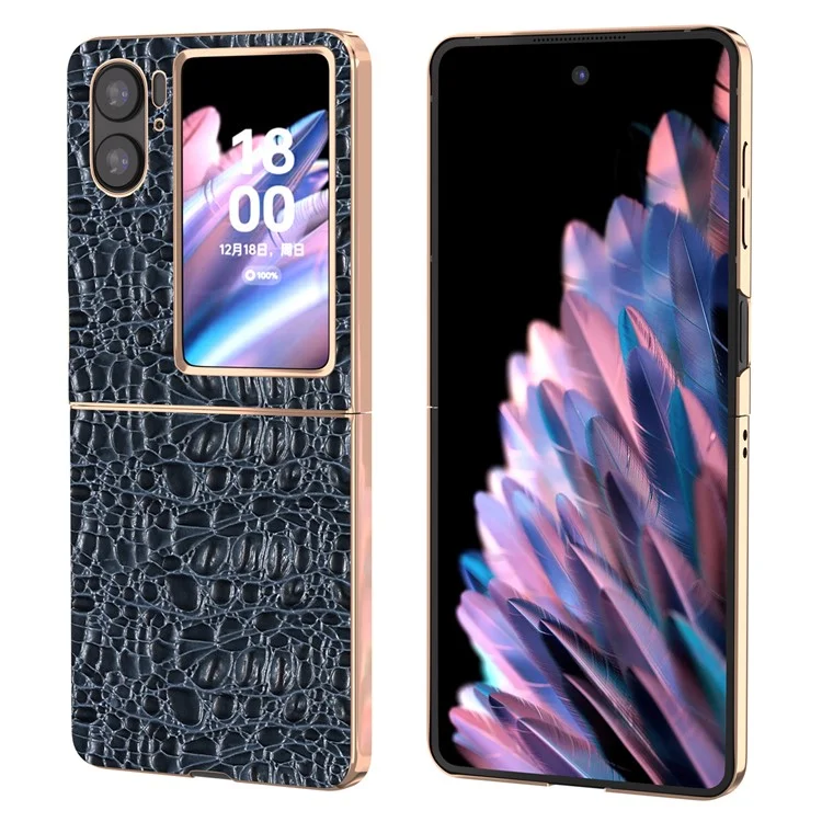 Для Oppo Find N2 Flip 5G Genuine Cow Leather+PC Shell Nano Electroplating Shockproof Phone Case - Blue