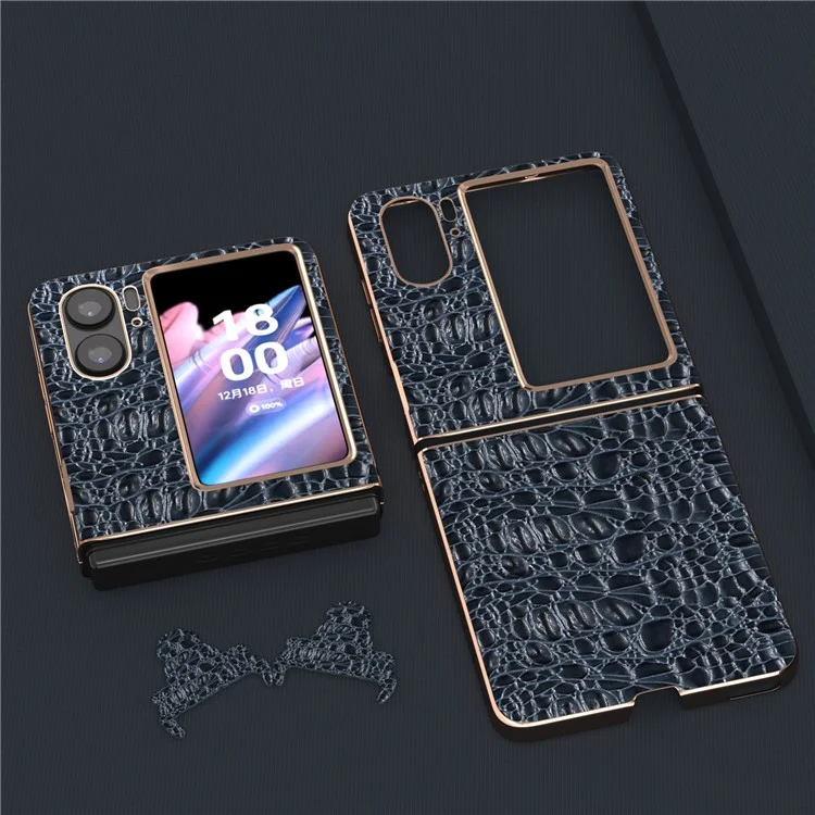 Для Oppo Find N2 Flip 5G Genuine Cow Leather+PC Shell Nano Electroplating Shockproof Phone Case - Blue