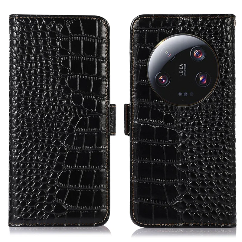 Для Xiaomi 13 Ultra Genuine Cowhide Leather Phone Case Stand RFID Blocking Wallet Crocodile Texture Phone Cover - Black