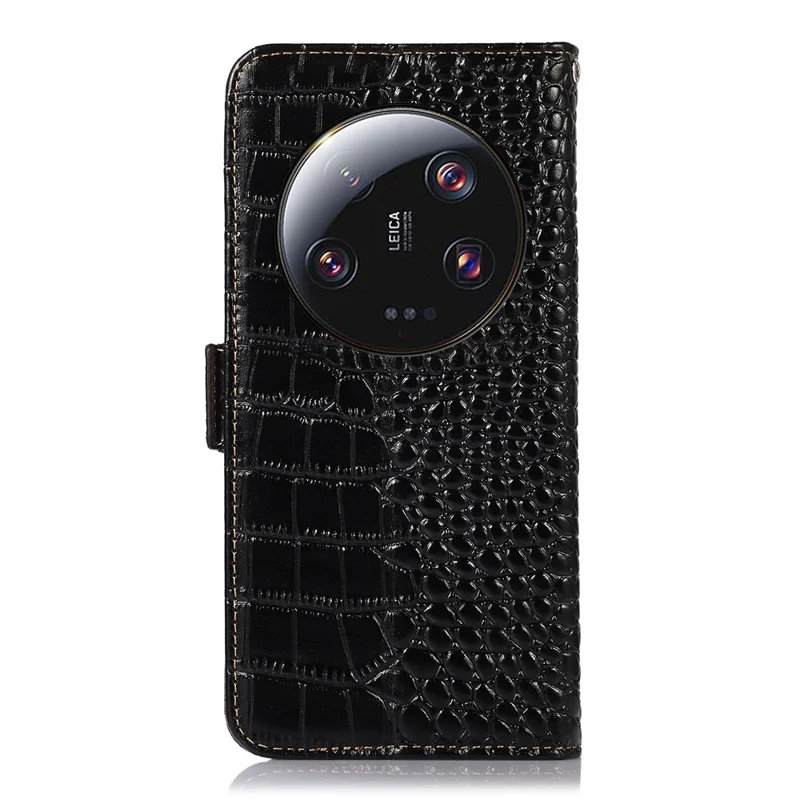 Для Xiaomi 13 Ultra Genuine Cowhide Leather Phone Case Stand RFID Blocking Wallet Crocodile Texture Phone Cover - Black