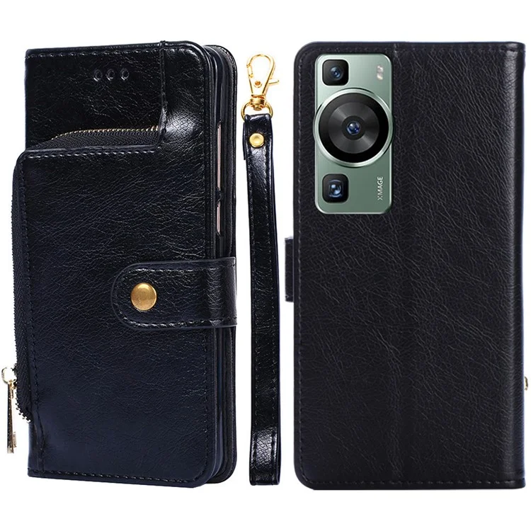 Étui pour téléphone pour Huawei P60 / P60 Pro Poche zippée Portefeuille en cuir PU Support avec sangle - Noir