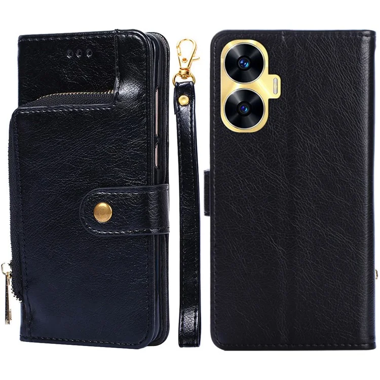 Custodia a portafoglio per Realme C55 con tasca con cerniera, cover in pelle PU antishock con supporto e cinturino - Nero