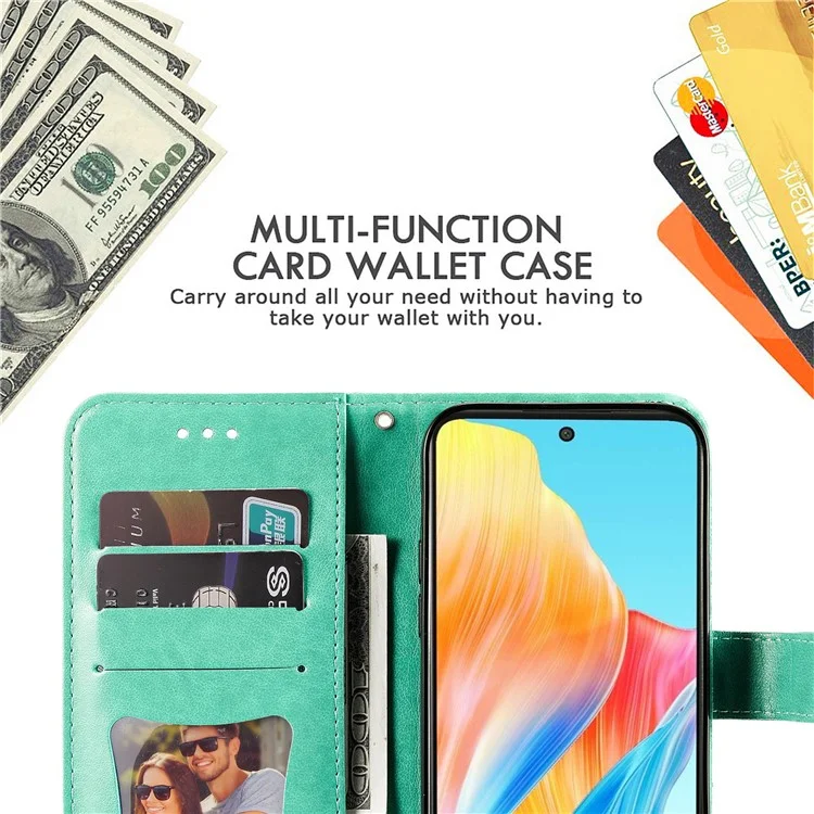 Pour Oppo A1 5G / A98 5G / F23 5G, étui de portefeuille en cuir PU avec support anti-rayures et motif floral - Vert