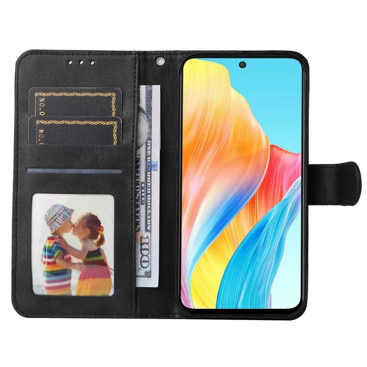 Кожаный чехол для Oppo A1 5G / A98 5G / F23 5G Ударопрочный чехол-бумажник с текстурой телячьей кожи со стойкой и ремешком - черный