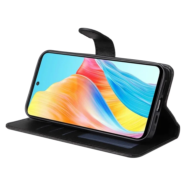 Кожаный чехол для Oppo A1 5G / A98 5G / F23 5G Ударопрочный чехол-бумажник с текстурой телячьей кожи со стойкой и ремешком - черный