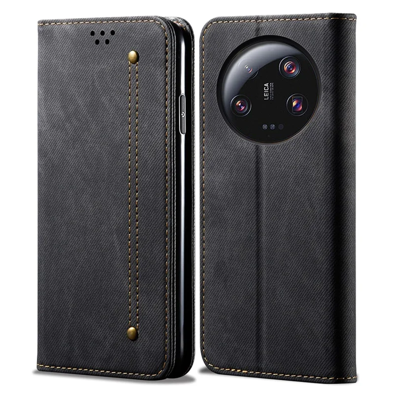 Per Xiaomi 13 Ultra Portafoglio Stand Custodia in Pelle PU Texture in Jeans Tessuto Custodia per Cellulare - Nero