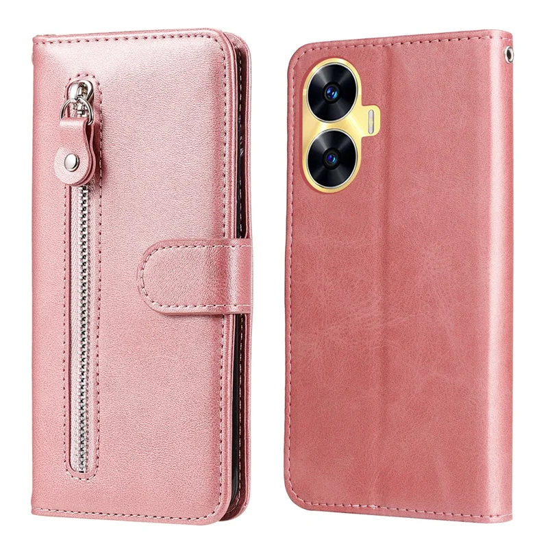 Zipper Pocket Leather Phone Case for Realme C55 4G , Calf Texture Stand Wallet Phone Cover - Pink