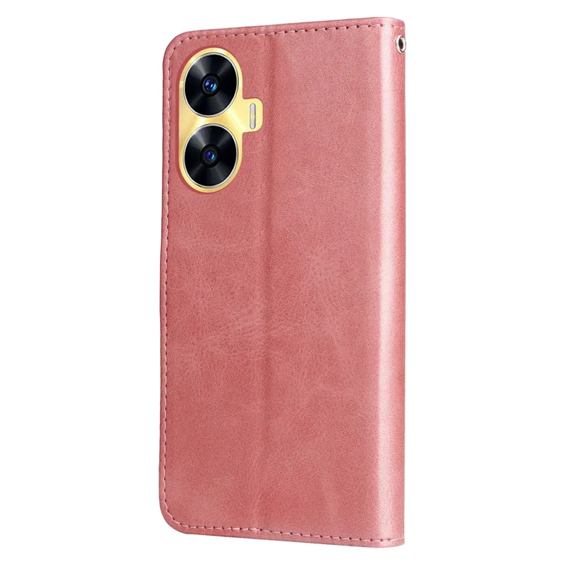 Zipper Pocket Leather Phone Case for Realme C55 4G , Calf Texture Stand Wallet Phone Cover - Pink