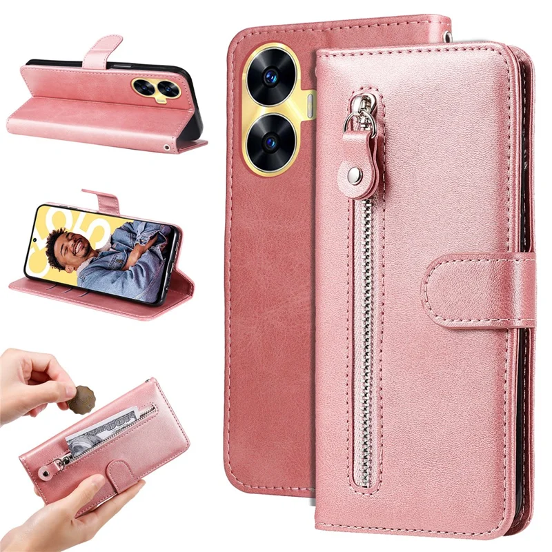 Zipper Pocket Leather Phone Case for Realme C55 4G , Calf Texture Stand Wallet Phone Cover - Pink