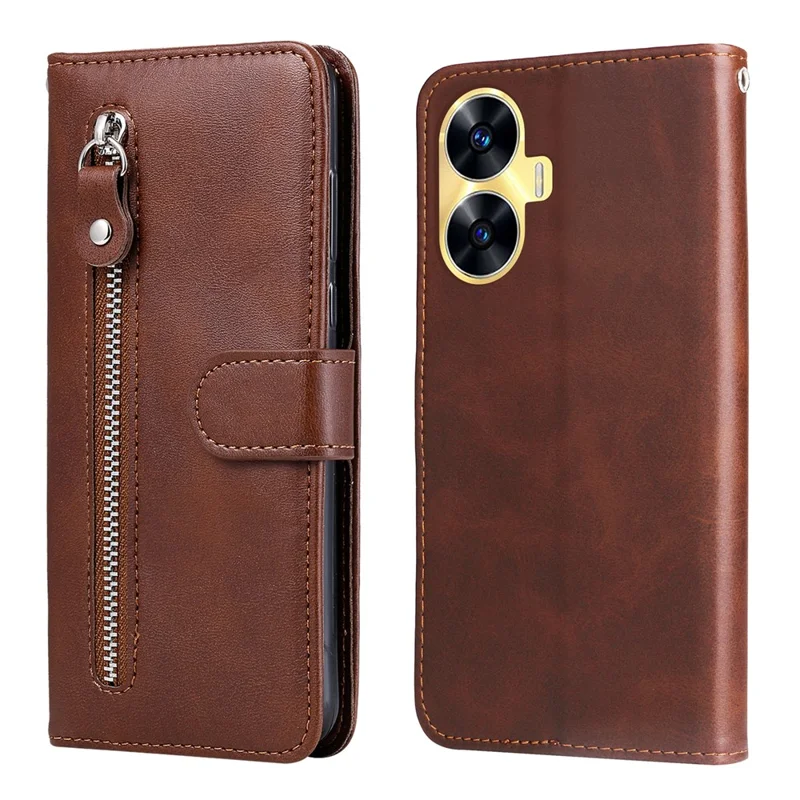 Zipper Pocket Leather Phone Case for Realme C55 4G , Calf Texture Stand Wallet Phone Cover - Brown