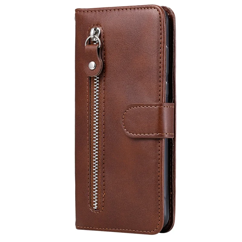 Zipper Pocket Leather Phone Case for Realme C55 4G , Calf Texture Stand Wallet Phone Cover - Brown