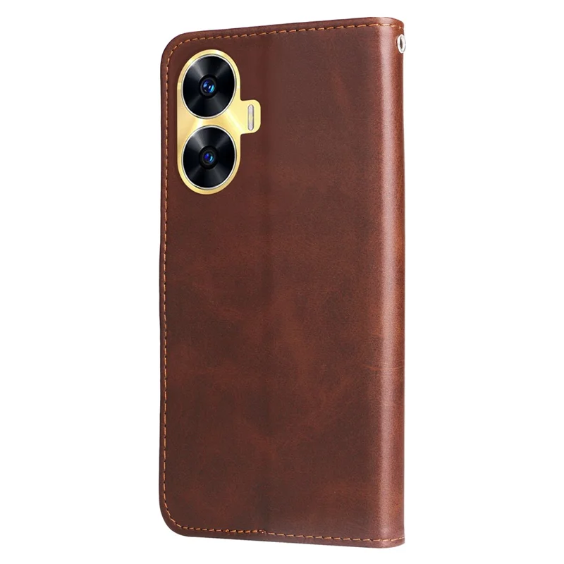 Zipper Pocket Leather Phone Case for Realme C55 4G , Calf Texture Stand Wallet Phone Cover - Brown