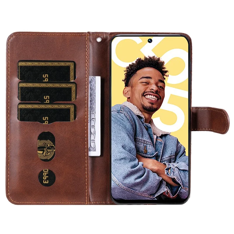Zipper Pocket Leather Phone Case for Realme C55 4G , Calf Texture Stand Wallet Phone Cover - Brown