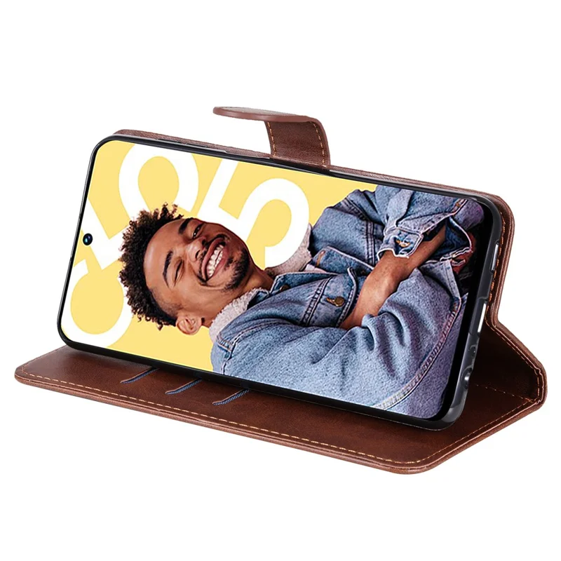 Zipper Pocket Leather Phone Case for Realme C55 4G , Calf Texture Stand Wallet Phone Cover - Brown