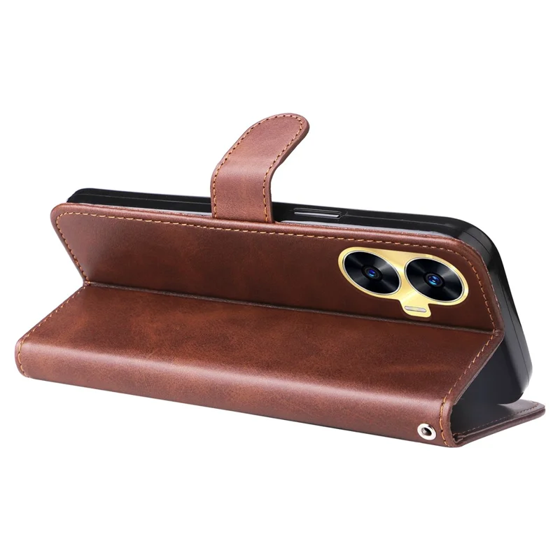 Zipper Pocket Leather Phone Case for Realme C55 4G , Calf Texture Stand Wallet Phone Cover - Brown