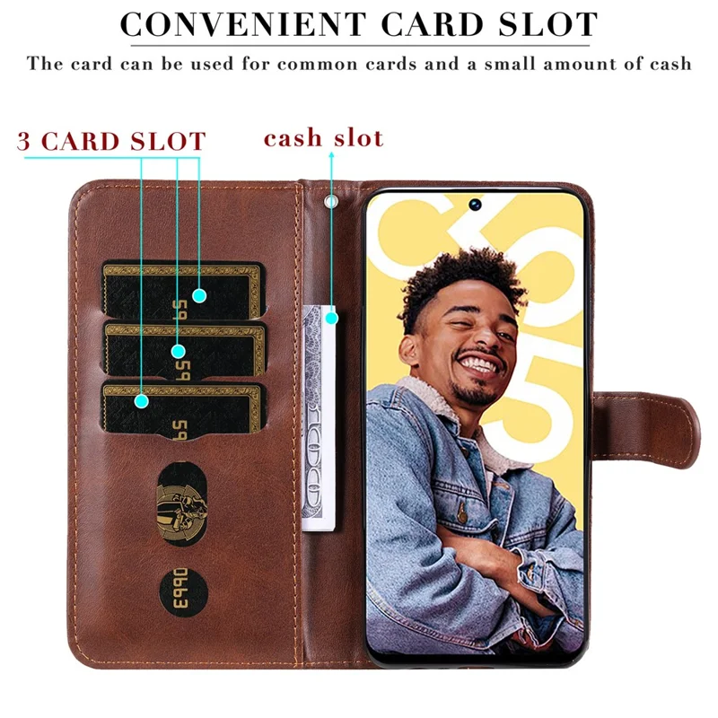 Zipper Pocket Leather Phone Case for Realme C55 4G , Calf Texture Stand Wallet Phone Cover - Brown
