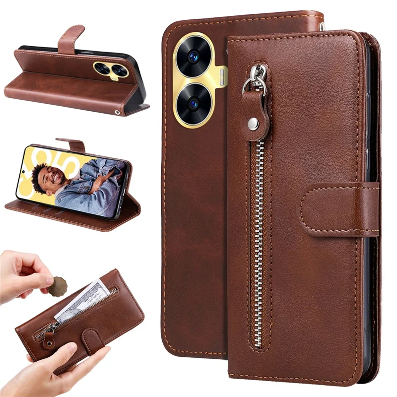 Zipper Pocket Leather Phone Case for Realme C55 4G , Calf Texture Stand Wallet Phone Cover - Brown