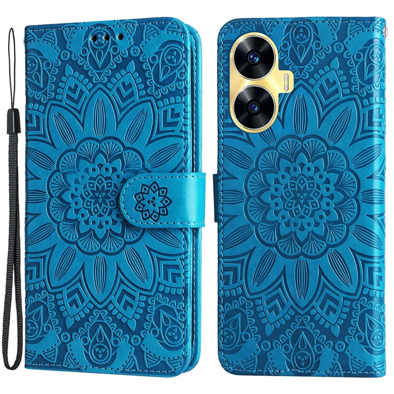 Cover per Telefono PU Leather Stand Wallet per Realme C55 4G Sunflower Imprinted Phone Case con Cinturino - Blu