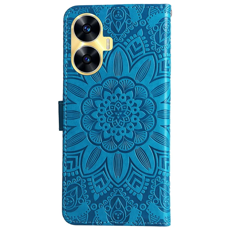 Cover per Telefono PU Leather Stand Wallet per Realme C55 4G Sunflower Imprinted Phone Case con Cinturino - Blu