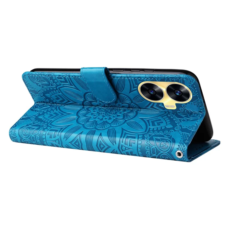 Cover per Telefono PU Leather Stand Wallet per Realme C55 4G Sunflower Imprinted Phone Case con Cinturino - Blu