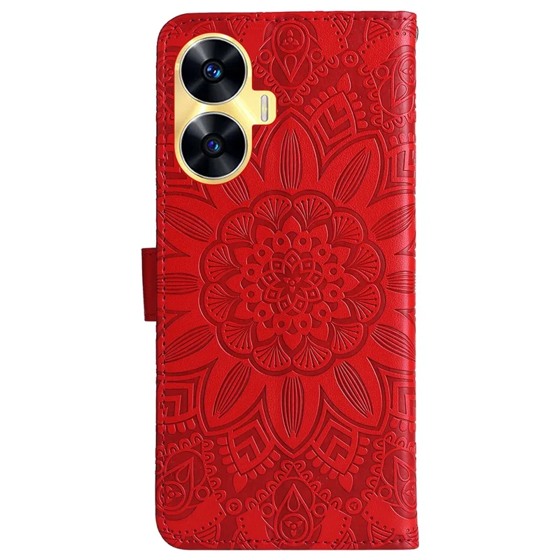PU Leather Stand Wallet Phone Cover for Realme C55 4G Sunflower Imprinted Phone Case with Strap - Red