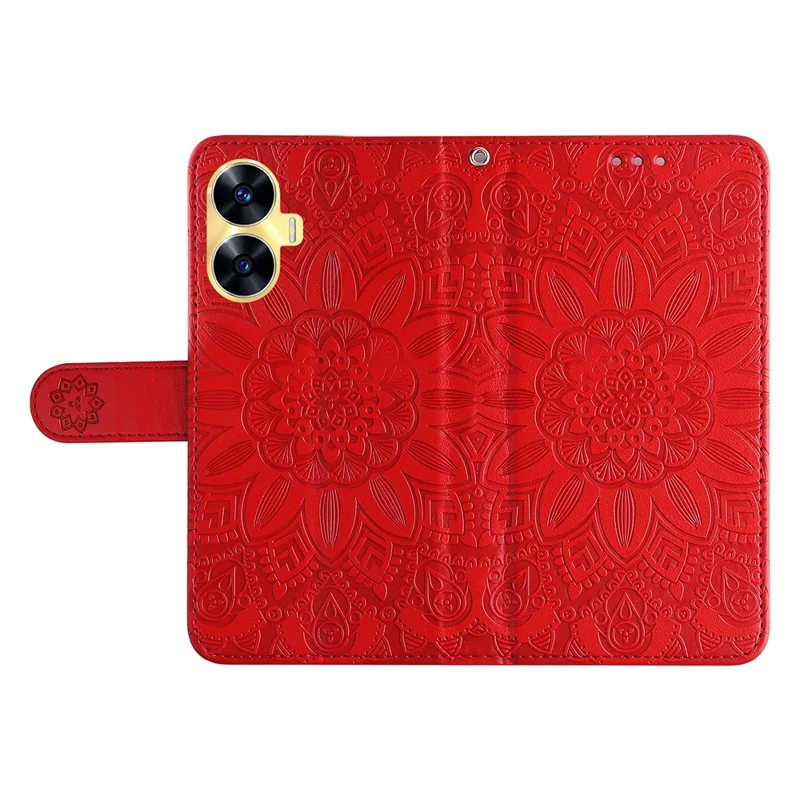 PU Leather Stand Wallet Phone Cover for Realme C55 4G Sunflower Imprinted Phone Case with Strap - Red