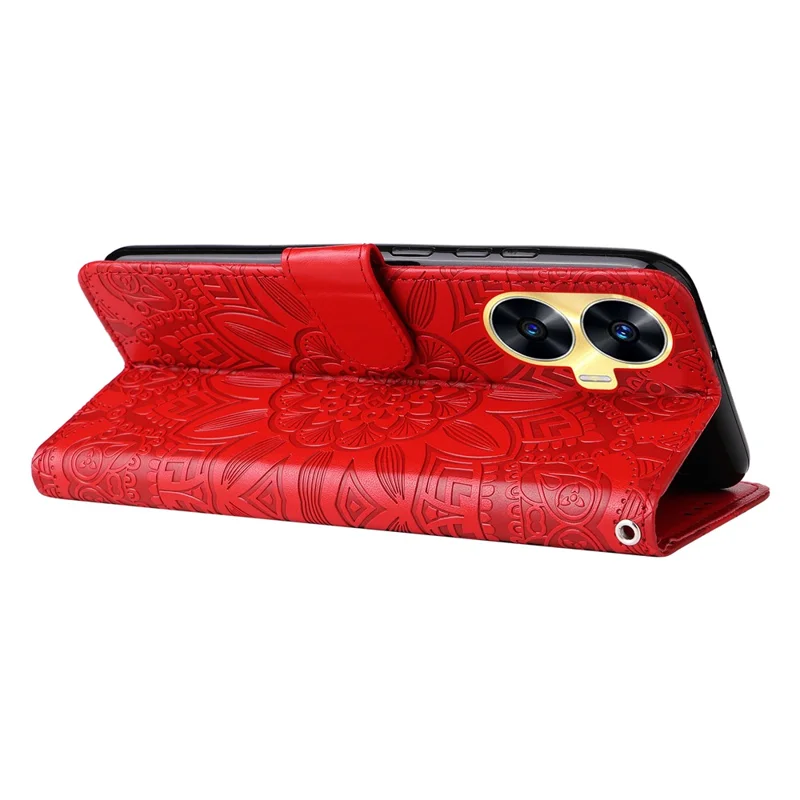 PU Leather Stand Wallet Phone Cover for Realme C55 4G Sunflower Imprinted Phone Case with Strap - Red