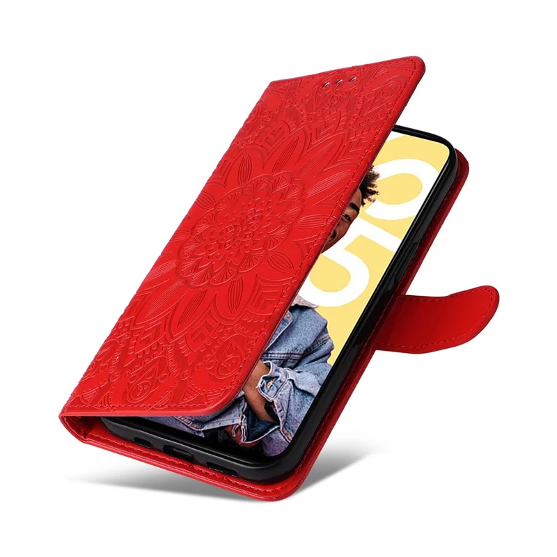 PU Leather Stand Wallet Phone Cover for Realme C55 4G Sunflower Imprinted Phone Case with Strap - Red