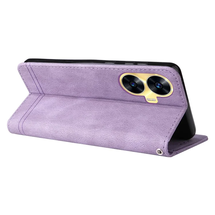 Para Realme C55 4G Wallet Leather Phone Case Impresso Linhas Pele-Toque Capa de Telefone Stand - Roxo