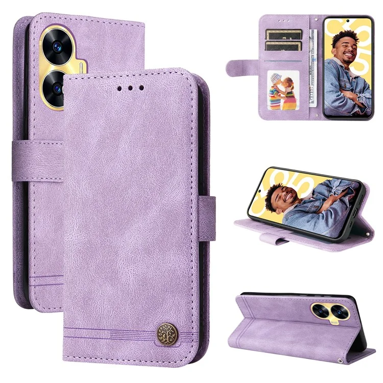 Para Realme C55 4G Wallet Leather Phone Case Impresso Linhas Pele-Toque Capa de Telefone Stand - Roxo
